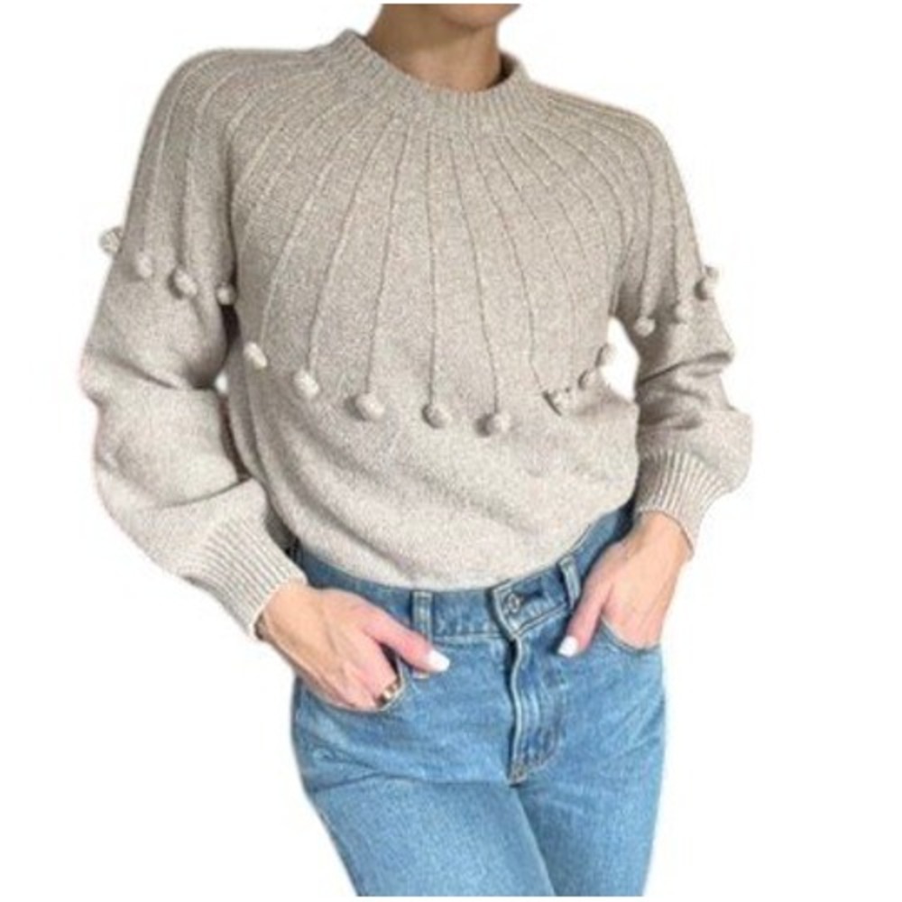 Womens Pom Pom Knit Sweater Oatmeal Beige Balloon Sleeve Crew Neck